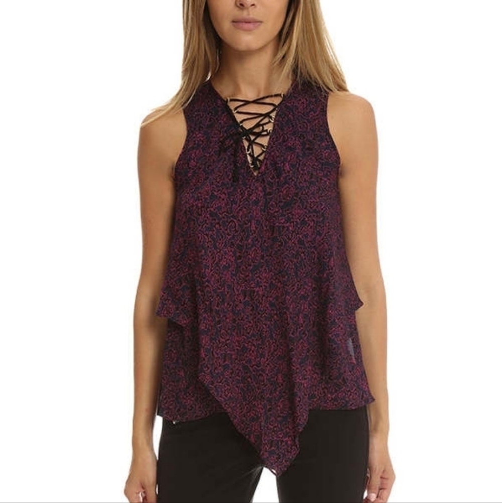 Derek Lam 10 Crosby Silk Floral Lace Up Blouse size 0 Black/Purple